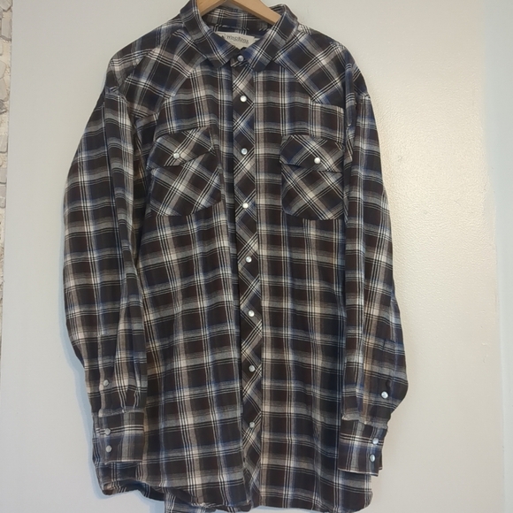 WindRiver Shirt Mens 3XL Brown Blue Plaid Flannel Long Sleeve Pearl Snap Outdoor - Picture 2 of 8
